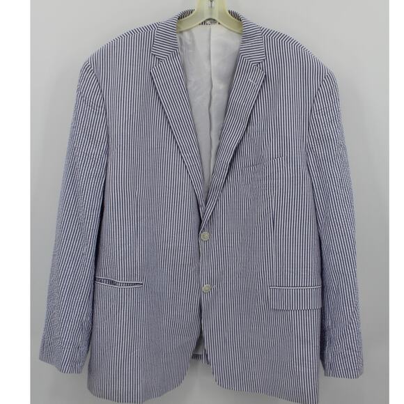 Saddlebred Other - Saddlebred Seersucker Blazer Sportcoat Mens 50R Blue White Stripe 100% Cotton